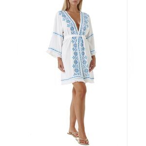 MELISSA ODABASH Kara White/Blue Kaftan Size Small Boho Chic Resort Swim Coverup